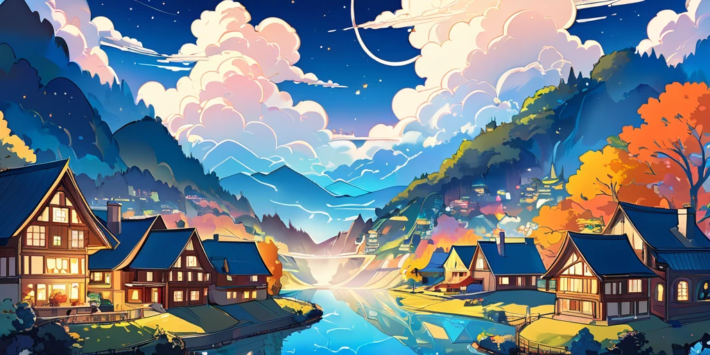 Draw a lofi anime poster style village mécanique dans les nuages, décoration de fée, cascade lumière, dans les nuage, nuages, le jours, belle palette de couleurs bleu ????, couleurs saturées vibrantes, oeuvre d'art, Aucun humain, thème manga