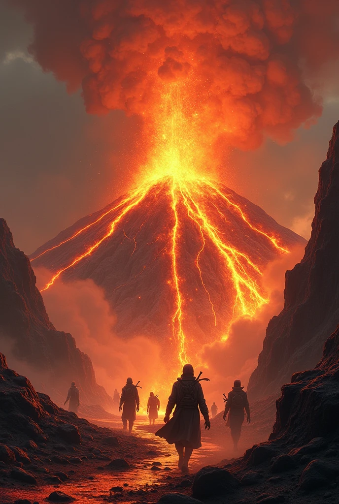 Rpg illustrationA volcanic eruption in full fury, with molten lava spewing from the crater, flowing down the sides of a volcano, and consuming everything in its path. The sky is filled with ash and smoke, darkening the scene, while the battlefield below is engulfed in fiery destruction. Characters are seen scrambling to avoid the lava, with some barely escaping the searing heat.