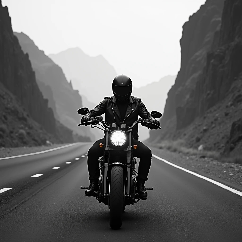 black and white images of a lone motorcyclist with a landscape in the background
