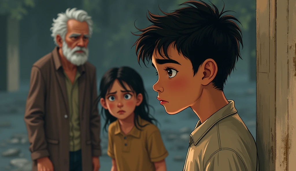 Background Elements: In the background, young man  could show his younger sister, Suman, looking on with concern and fear, and his father, aged and weary, standing at a distance, perhaps with a worried or disappointed expression.
