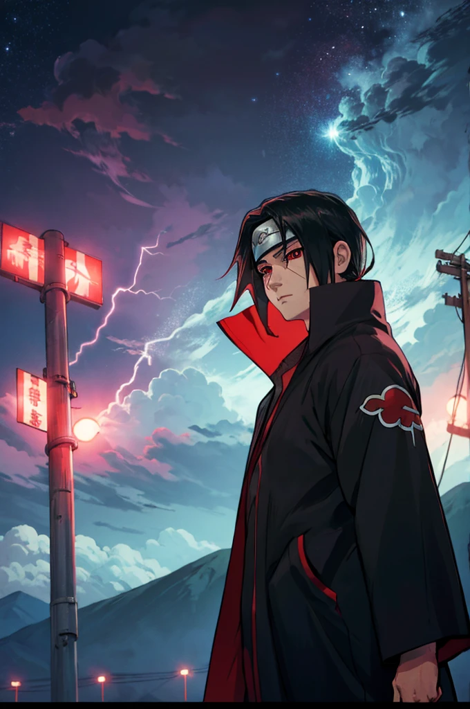 itachi uchiha from naruto shippuden standing in a dark electricity pole and background is made of lightening