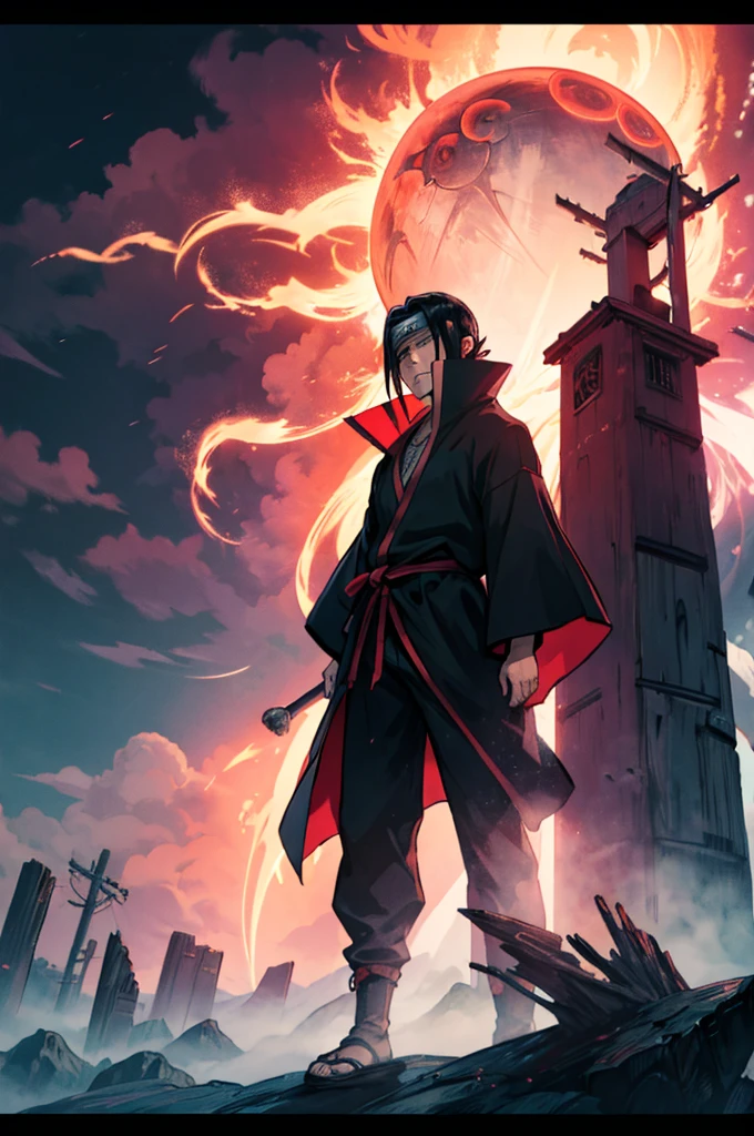 itachi uchiha from naruto shippuden standing in a dark electricity pole and background is made of lightening