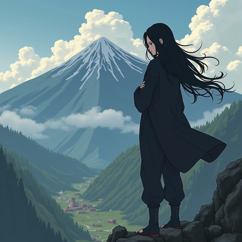Make a picture in the artstyle of demon slayer. On the photo, there is a female which has long hair in black, looks serious and wears a trousers and a long sleeve in black. She is looking from the top of a mountain down to soldiers. She looks like itachi uchiha in female version. She has her arms crossed and looks like a laughing psycho
