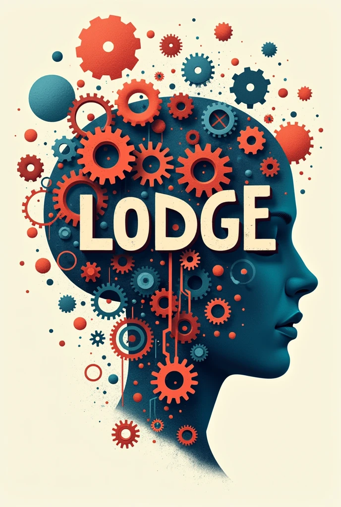 Poster with typographic illustrations, gears and elements that symbolize neurology, Create brain shapes with 3d text "LODGE", side view of face shape,