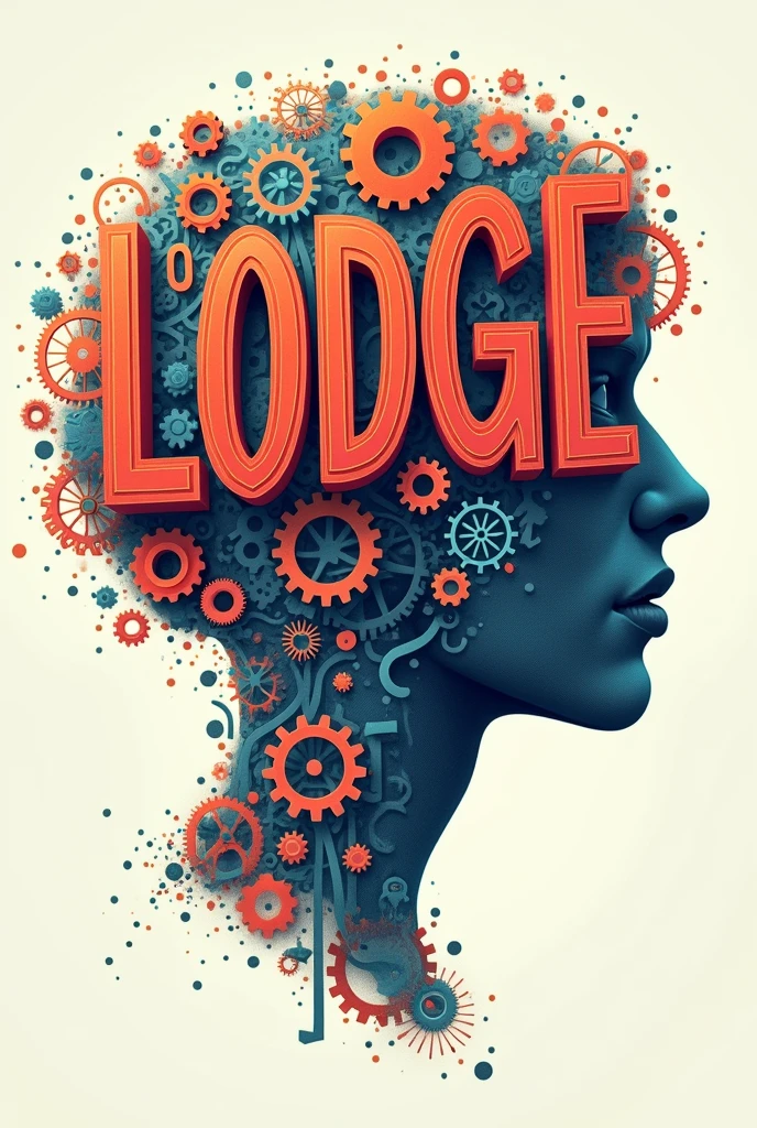 Poster with typographic illustrations, gears and elements that symbolize neurology, Create brain shapes with 3d text "LODGE", side view of face shape,