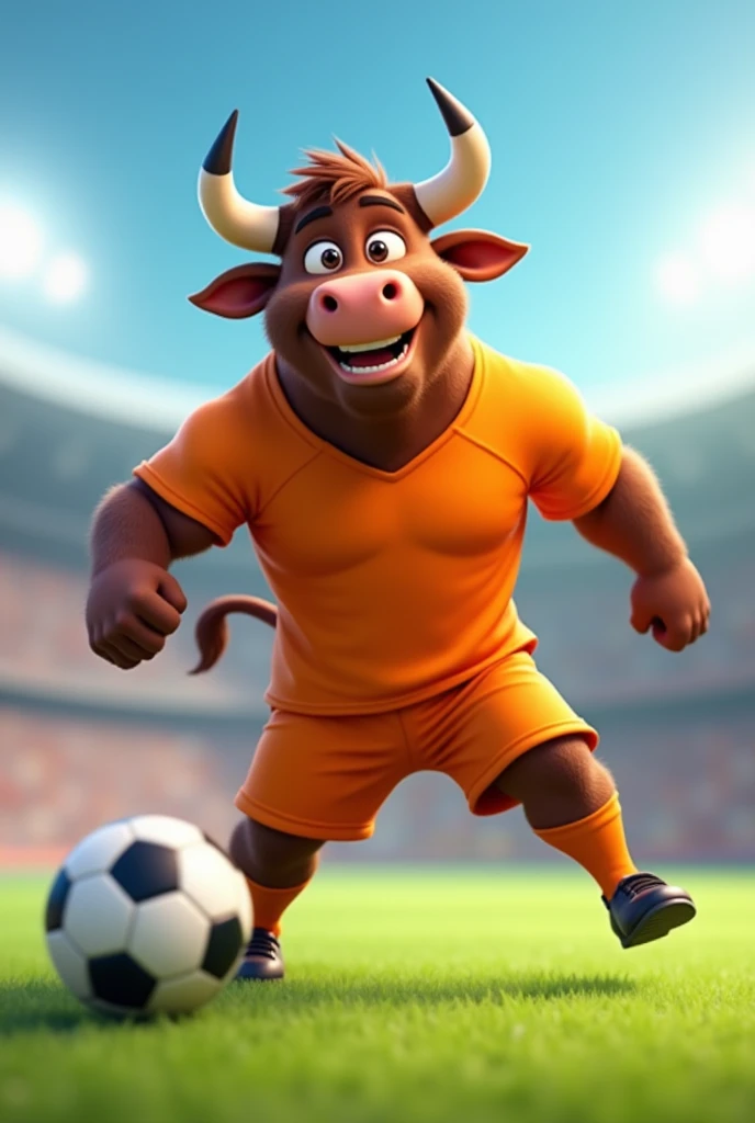 A cheerful, muscular, brown animated adult bull wearing an orange sports uniform kicking a soccer ball.