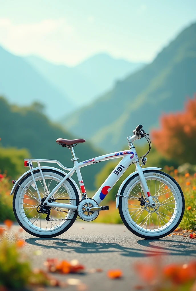 Create a white bicycle with a South Korean theme and flag.