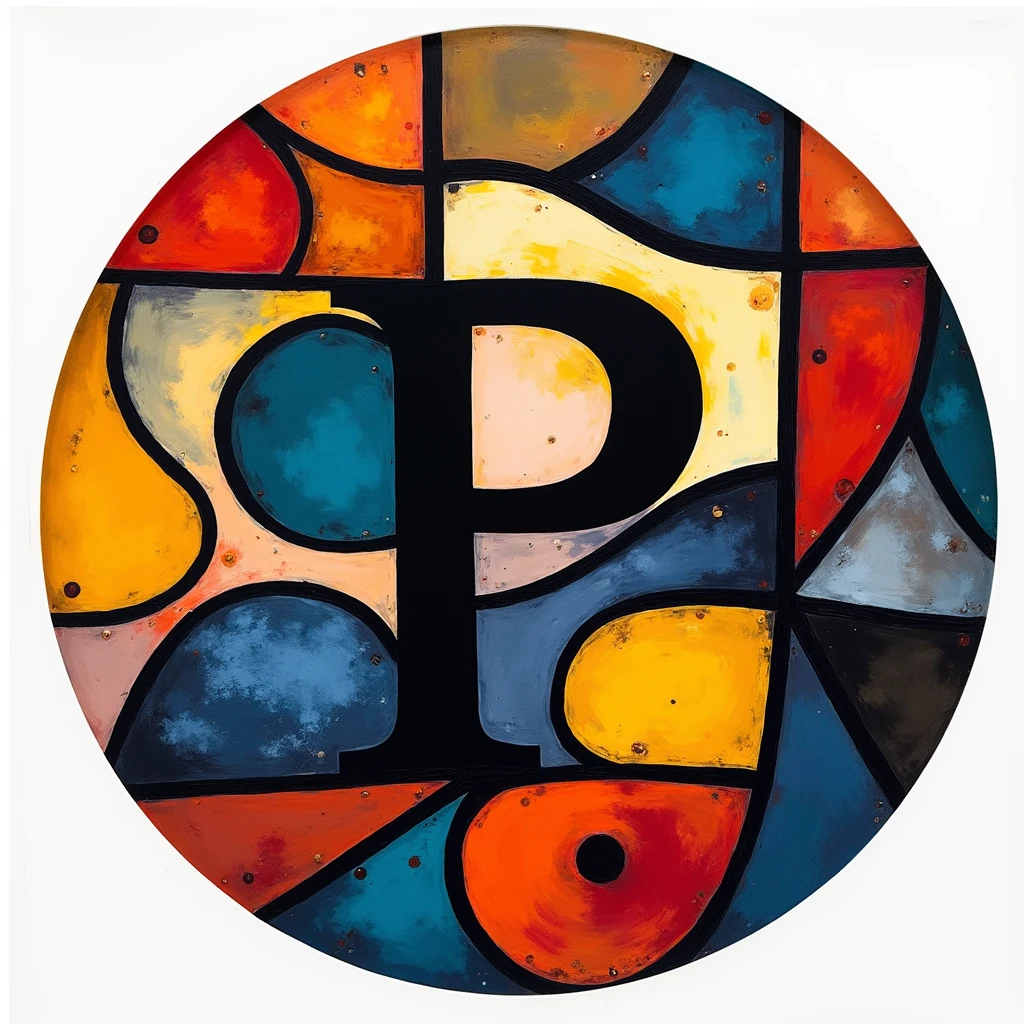 round company logo wiht picasso style colours and shapes wiht the lettter P in the centre