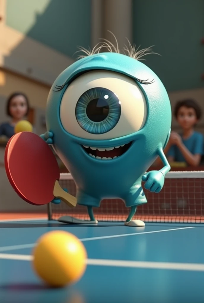 Animated image of an eye playing table tennis, type logo