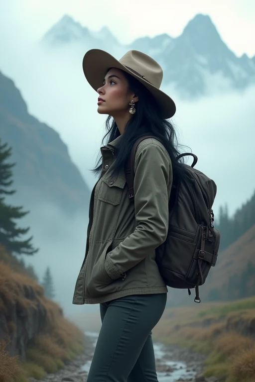 masterpiece,HDR,illustration,bojbokeh1 girl,black hair,big breasts,earring, jacket,long pants,safari hat,backpack,She looks up,White thick fog,mountain trail