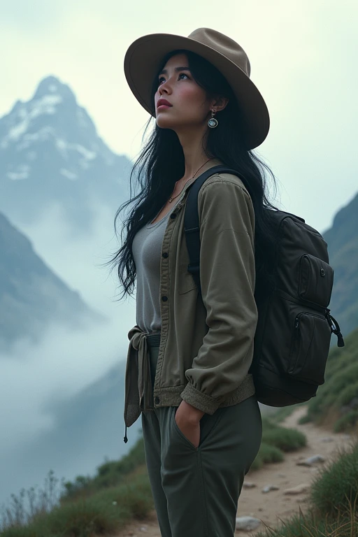 masterpiece,HDR,illustration,bojbokeh1 girl,black hair,big breasts,earring, jacket,long pants,safari hat,backpack,She looks up,White thick fog,mountain trail