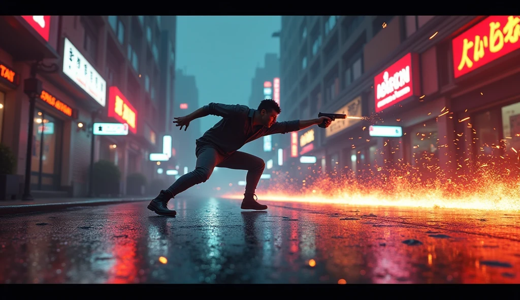 An action scene, skillfully dodging bullets in slow motion. The setting is an urban street at night, with neon lights reflecting on the wet asphalt. Bullets fly through the air in visible trajectories, as the person performs quick and agile movements, dodging each shot with impressive reflexes. The video should have an intense and dramatic atmosphere, with a dark and vibrant color palette."
Animation Instructions:
The camera should follow the action closely, emphasizing the person's movements and the trajectory of the bullets.
The bullets should leave a visual trail, highlighting its speed and danger.
The person should have fluid and choreographed movements, creating a sense of tension and skill.