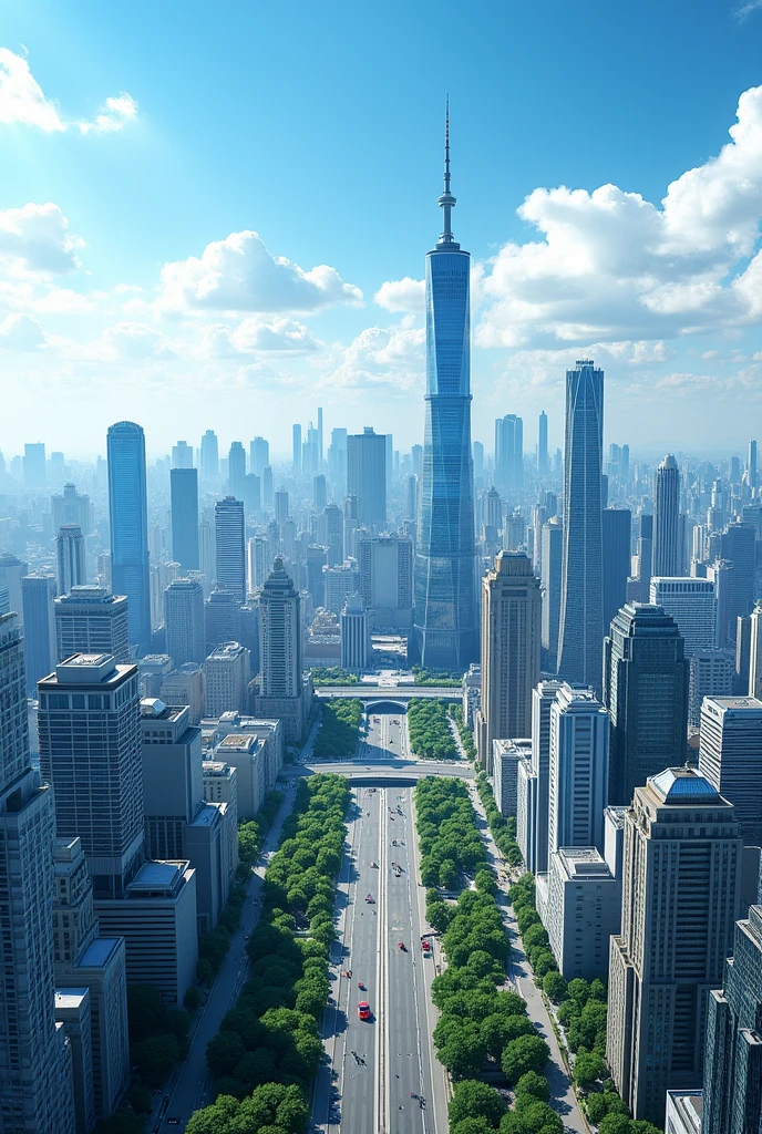 A country with many buildings on a clear day, real image
