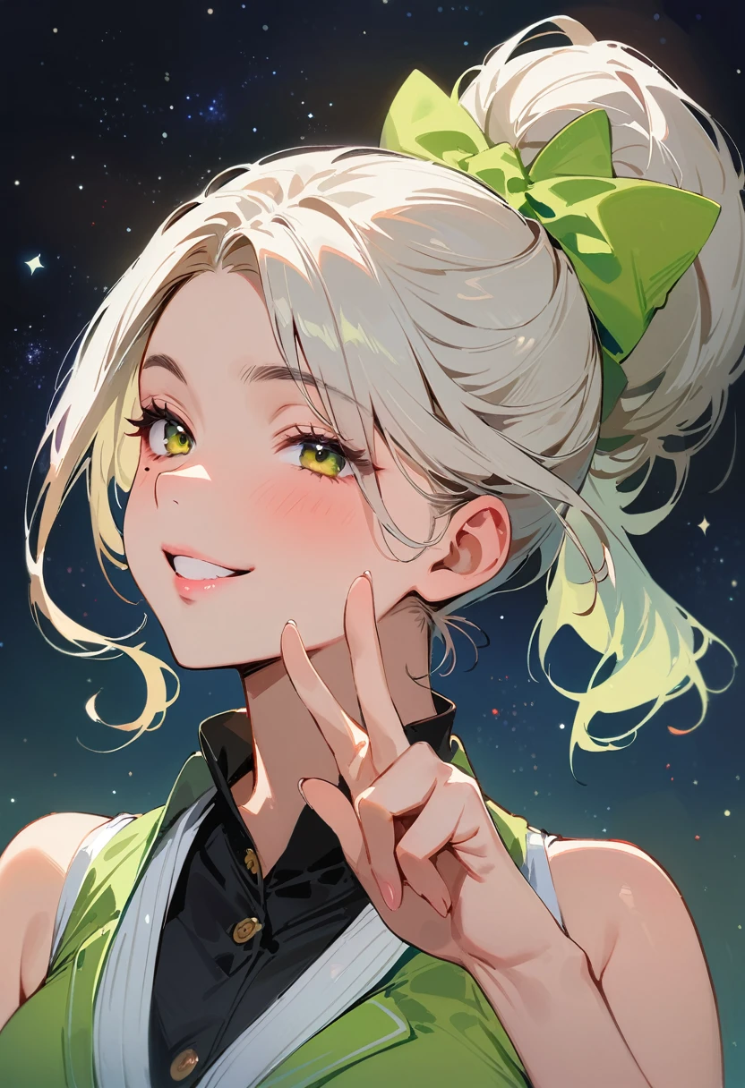 (masterpiece, best quality:1.4), 1 girl, 独奏, Star pupil, Blurred eyes, Close your left eye, Smile, Look up and down, peace gesture, Right tear mole, (Green double ponytail hairstyle:1.2),  Royal sister, large breasts, Vest, Midnight starry sky background.