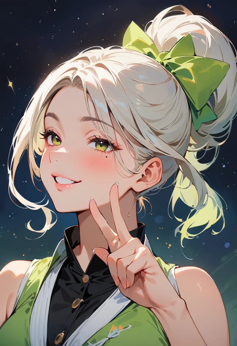 (masterpiece, best quality:1.4), 1 girl, 独奏, Star pupil, Blurred eyes, Close your left eye, Smile, Look up and down, peace gesture, Right tear mole, (Green double ponytail hairstyle:1.2),  Royal sister, large breasts, Vest, Midnight starry sky background.