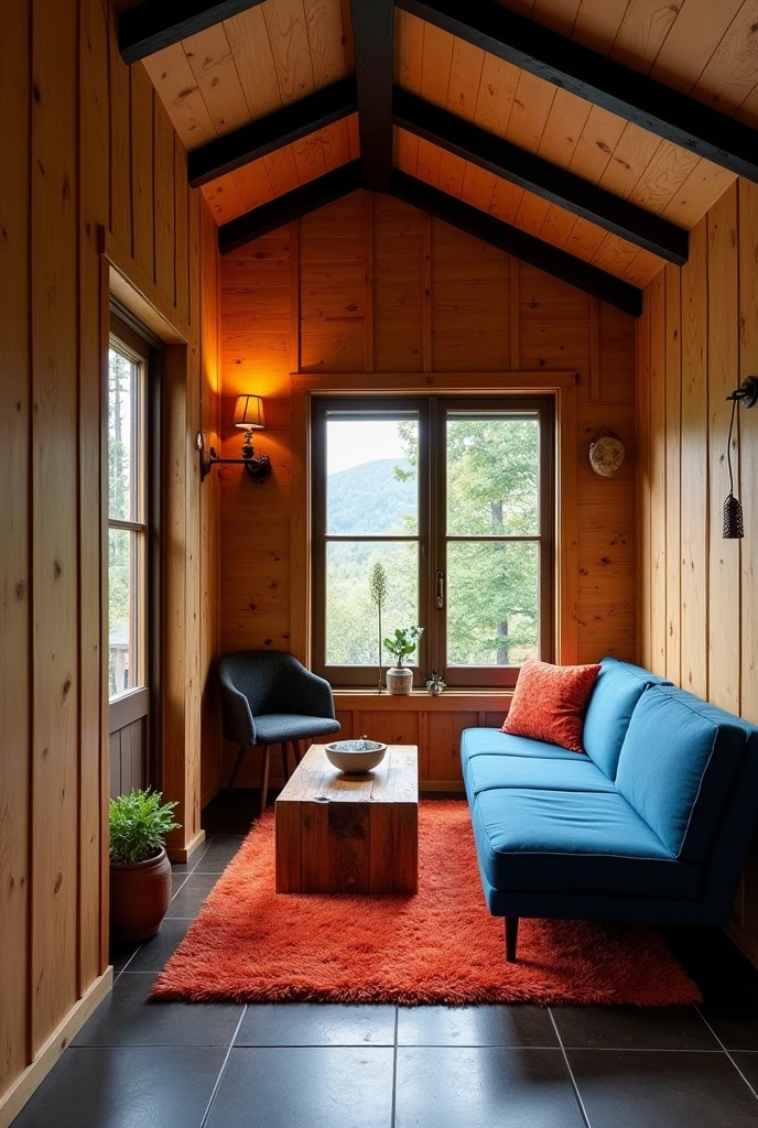 Cabin interior with painted grooved plywood, dark brown ceramic floor, and black exposed beams, with a blue sofa and a fluffy red rug