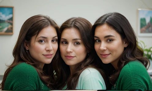 a group of 3 overweight women over 40 years old, wearing various green colored clothes, looking at the camera and smiling, white background, (best quality,4k,8k,highres,masterpiece:1.2),ultra-detailed,(realistic,photorealistic,photo-realistic:1.37),HDR,UHD,studio lighting,ultra-fine painting,sharp focus,physically-based rendering,extreme detail description,professional,vivid colors,bokeh,portraiture