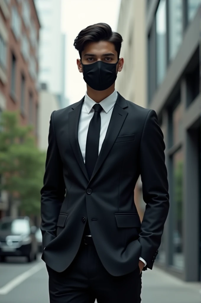 A indian teenager in black suit make it realistic , wearing mask on face