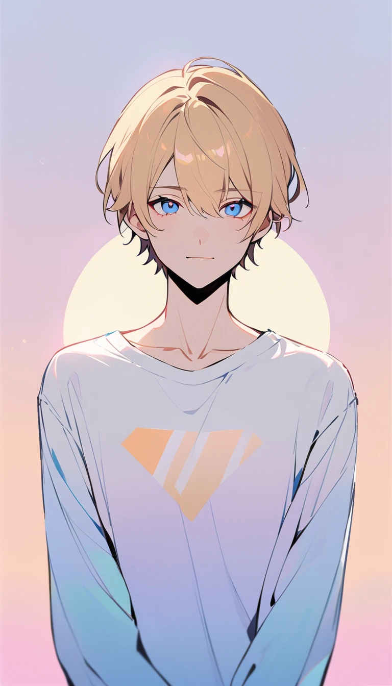 Flat Design,(upper body),1man, he's crushing on someone he loves, light brown hair, looking at viewer, pastel background