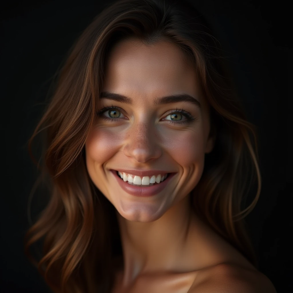 un portrait photographique d'Une belle femme, (heureux), (sourire), (face portrait:1.5), lumière dramatique, éclairage de Rembrandt, (hyperréalisme:1.2), (8k euh:1.2), (photoréaliste:1.2), tourné avec Canon EOS 5D Mark IV, Visage détaillé, cheveux détaillés, differente positions avec la main dans les cheveux, petit piercing dans la narine droite.