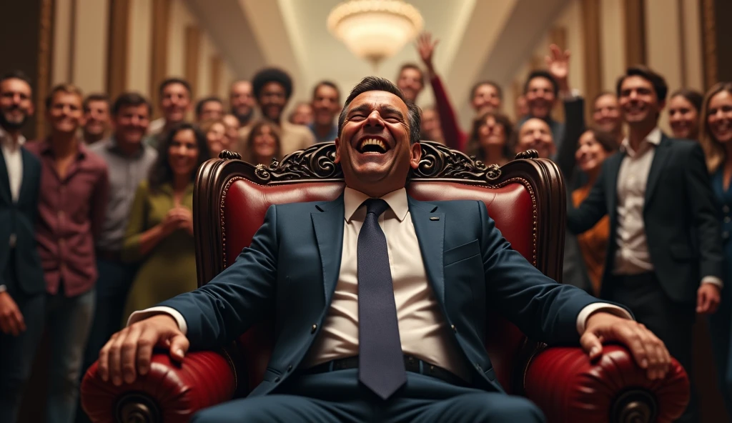 create an image of a person sitting in a chair wearing a suit in a position of power laughing and people in the background happy