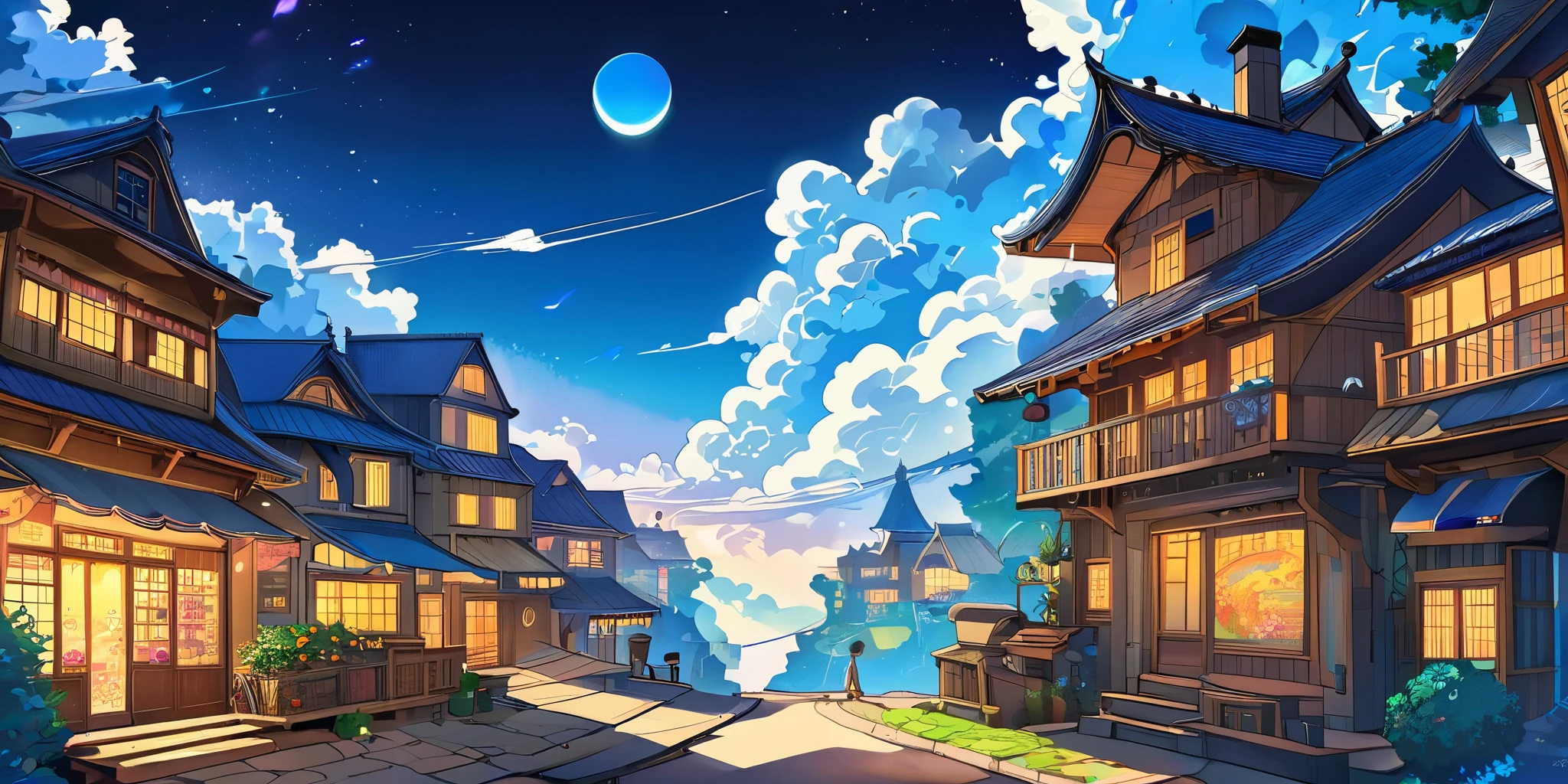 Draw a lofi anime poster style village mécanique dans les nuages, décoration de fée, cascade lumière, dans les nuage, nuages, le jours, belle palette de couleurs bleu noir, couleurs saturées vibrantes, oeuvre d'art, Aucun humain, thème manga
