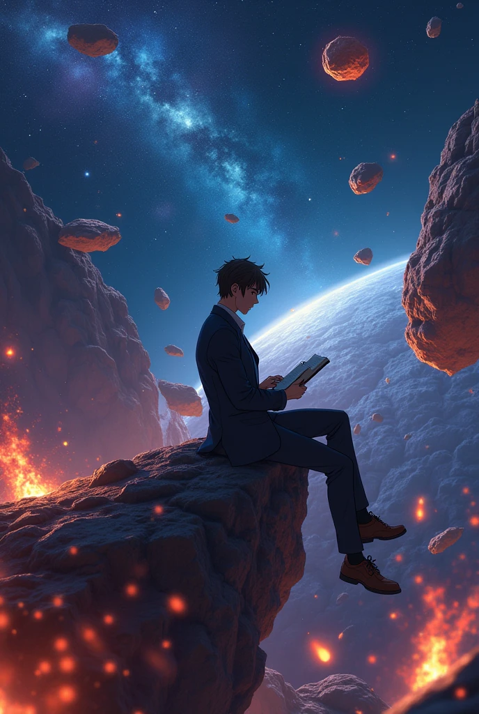 Draw anime naruto, sitting on a research platform floating in the middle of an asteroid belt. He is studying with a notebook, surrounded by several asteroids glowing with fiery auras. Dramatic lighting from distant stars and planets illuminates the scene, casting deep shadows on the suit. The young man looks confident and determined, looking at the vast and mysterious universe with wonder and respect,facial hair, cowboy shot