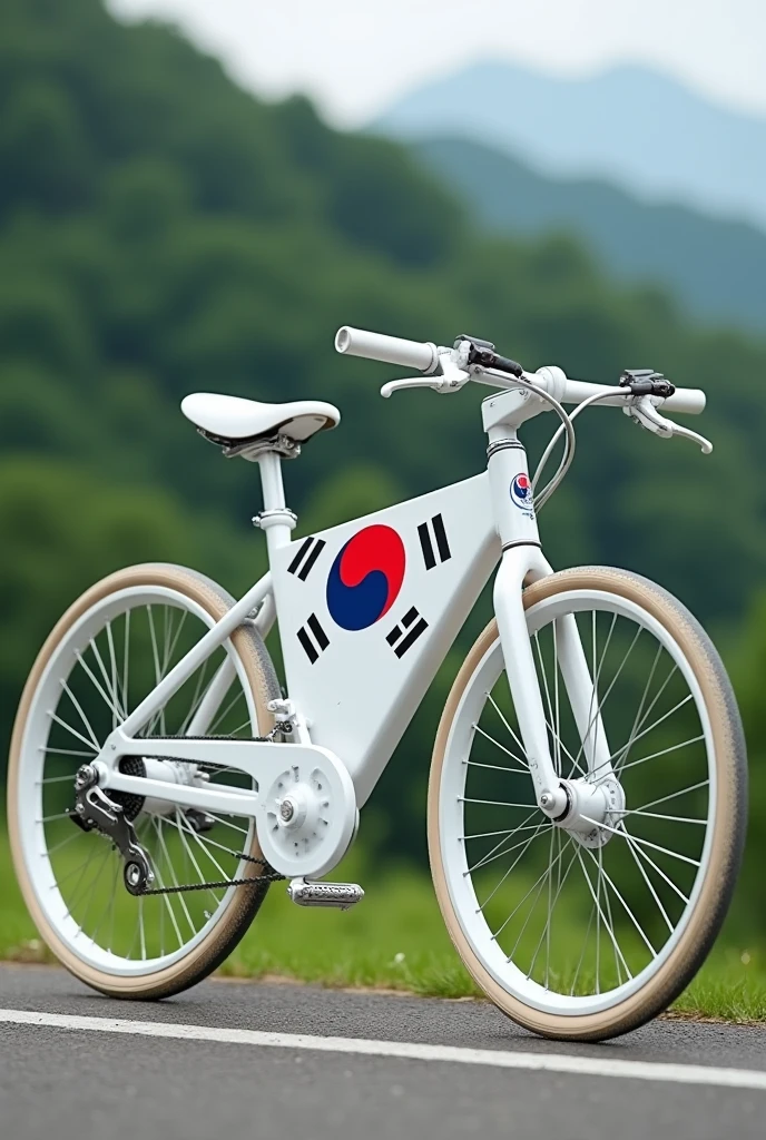 Create a white bicycle with a South Korean theme and flag.

