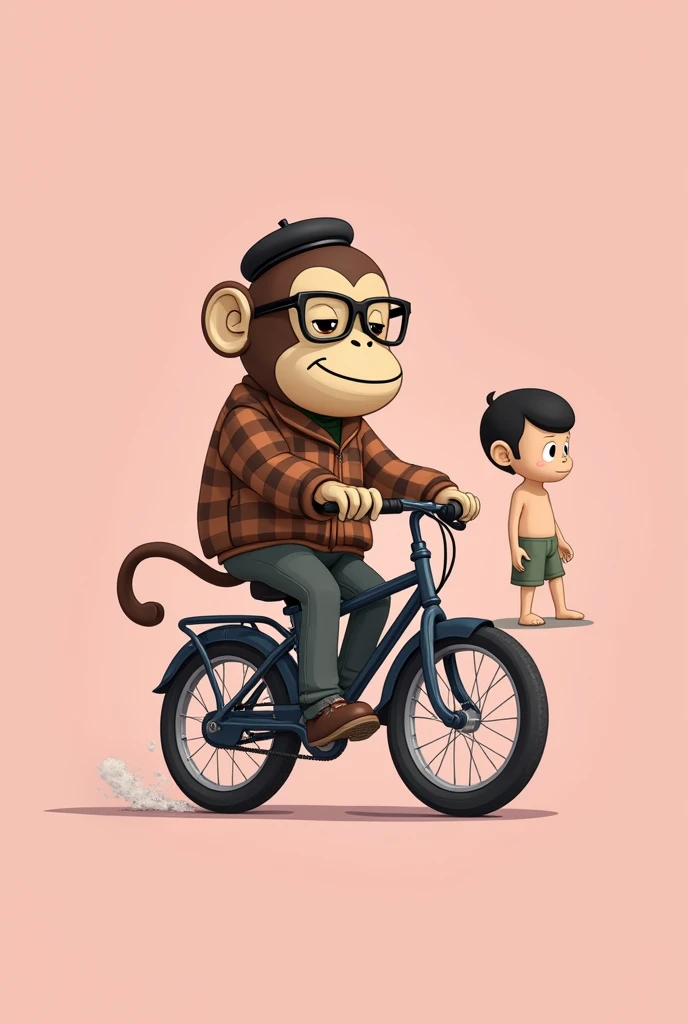 Monkey riding a bike but as if it were drawn on a bike with a super light pink background and a brown plaid jacket,with black glasses,looking to the right totally looks like chibi with beret, without pants is a blurry boy 
