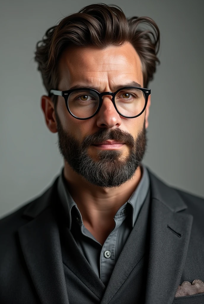 (photorealism:1.2) handsome man, 30 years old, big and strong, with beard, Brown eyes and brown hair, tall and with dimples, with glasses and elegant style