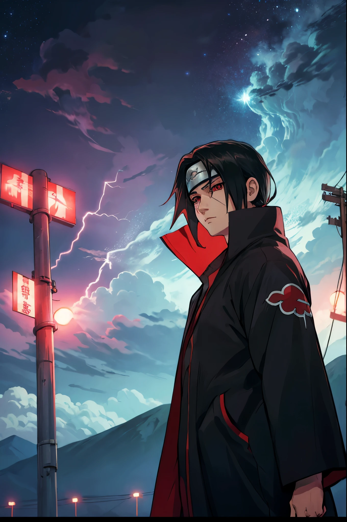 itachi uchiha from naruto shippuden standing in a dark electricity pole and background is made of lightening