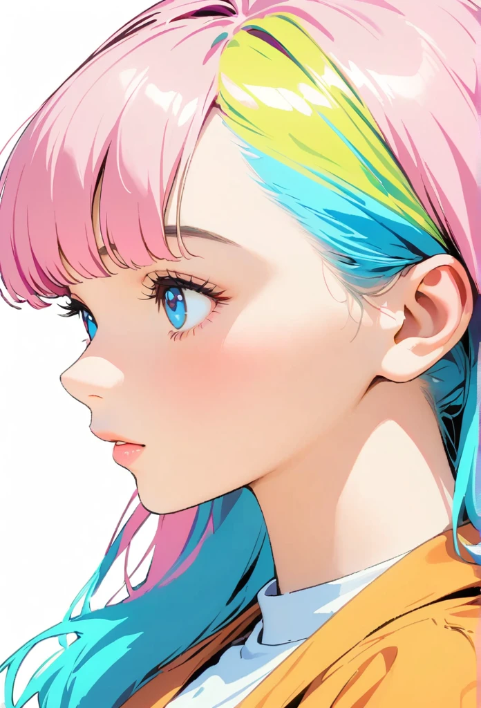 (Highest quality:1.2, City Pop Style, Very detailed, up to date, Vibrant, High Contrast, masterpiece:1.2, Highest quality, Best aesthetics), , ((Face Up Shot:1.4)), Colorful Hair, longhair, pastel colour, 1980s style, ((Retro, Vintage, Plain background))