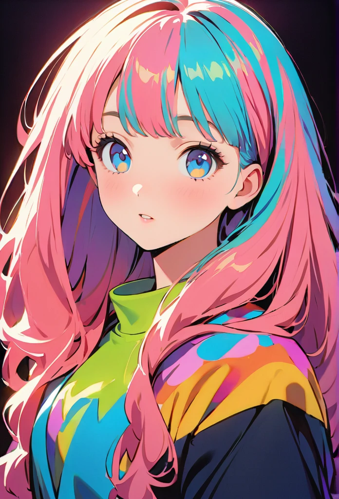 (Highest quality:1.2, City Pop Style, Very detailed, up to date, Vibrant, High Contrast, masterpiece:1.2, Highest quality, Best aesthetics), , ((Face Up Shot:1.4)), Colorful Hair, longhair, pastel colour, 1980s style, ((Retro, Vintage, Plain background))