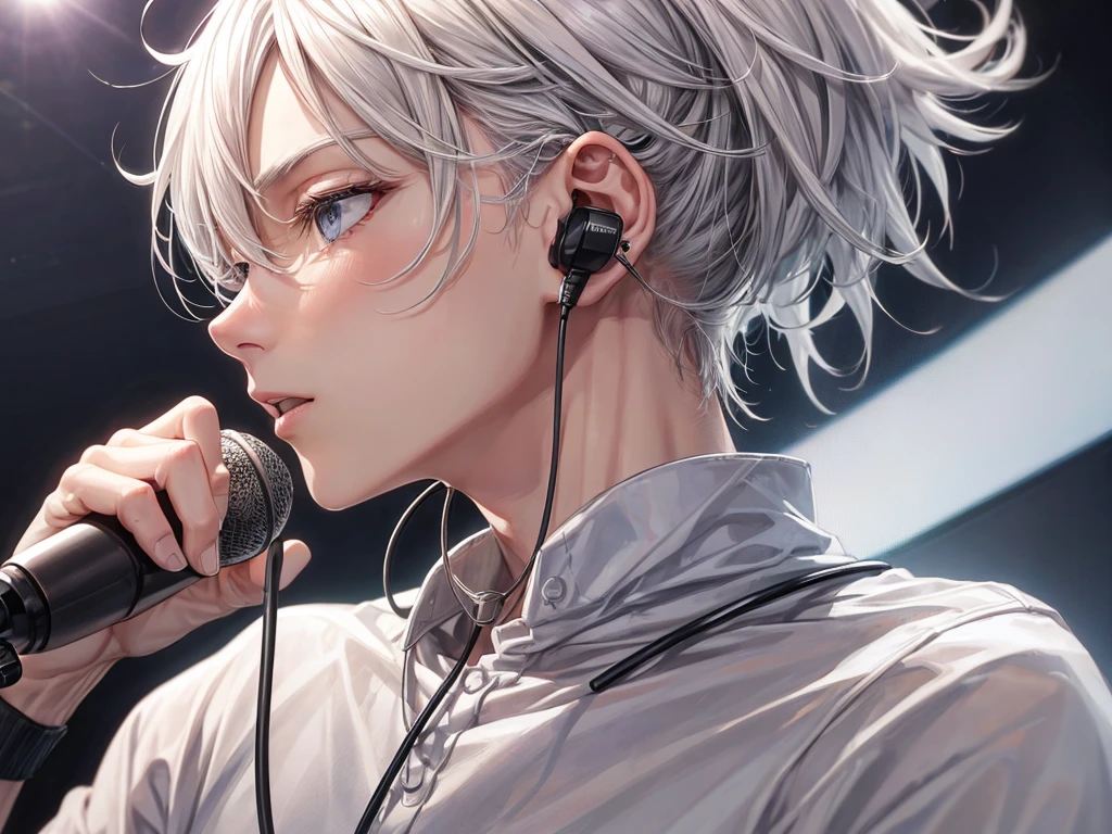 Silver Hair Short、Man with slanted eyes、sing、microphone、White Shirt、headphone、Earrings