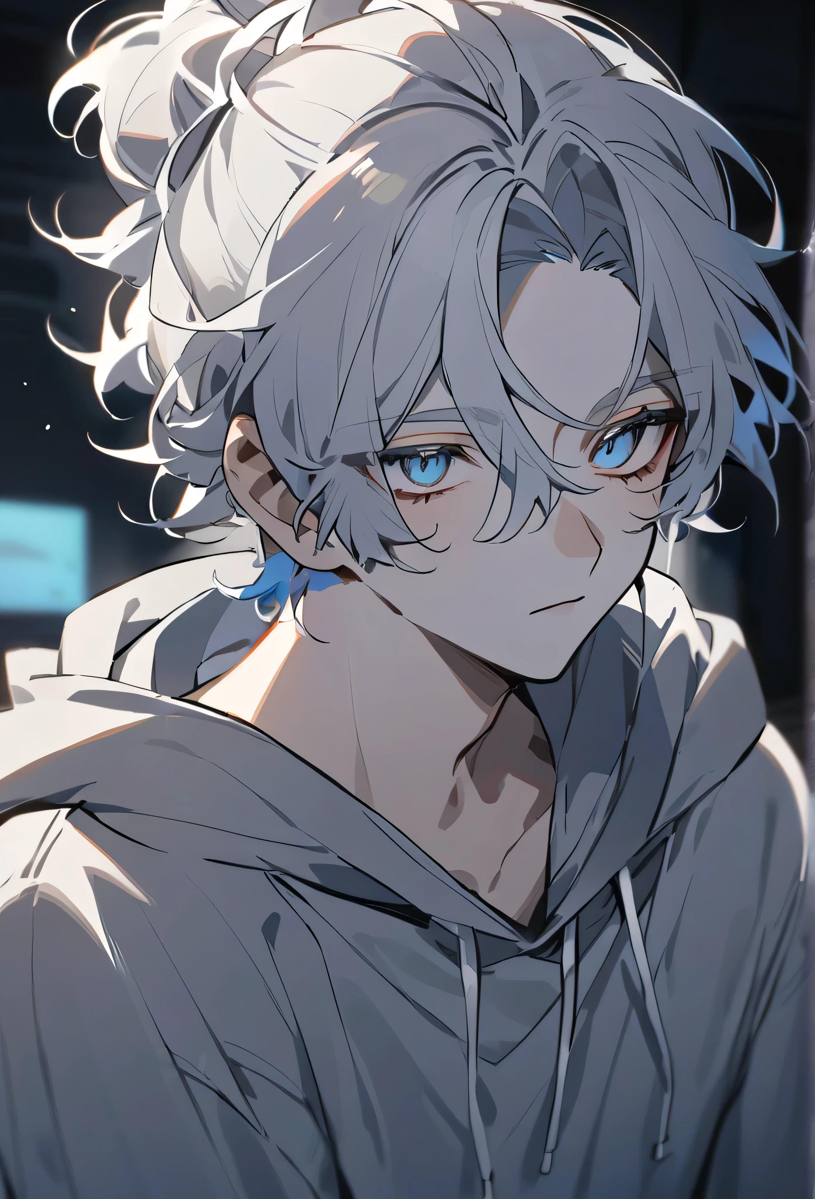Man with shoulder-length white-gray hair in a mallow hairstyle, blue tired eyes, pale skin, wearing a grey hoodie