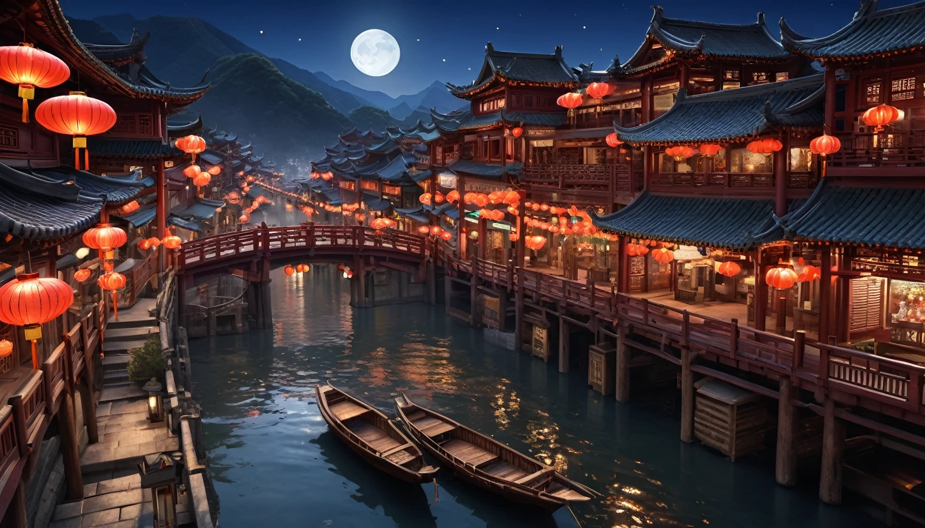 masterpiece, top-quality, depth of fields, high details, 8K, anime a night scene of china town, lots of shop outlets, chinese lanterns, detailed background, high angle view, beside a river, wooden boats, a large bridge on the front, moon, mountains background