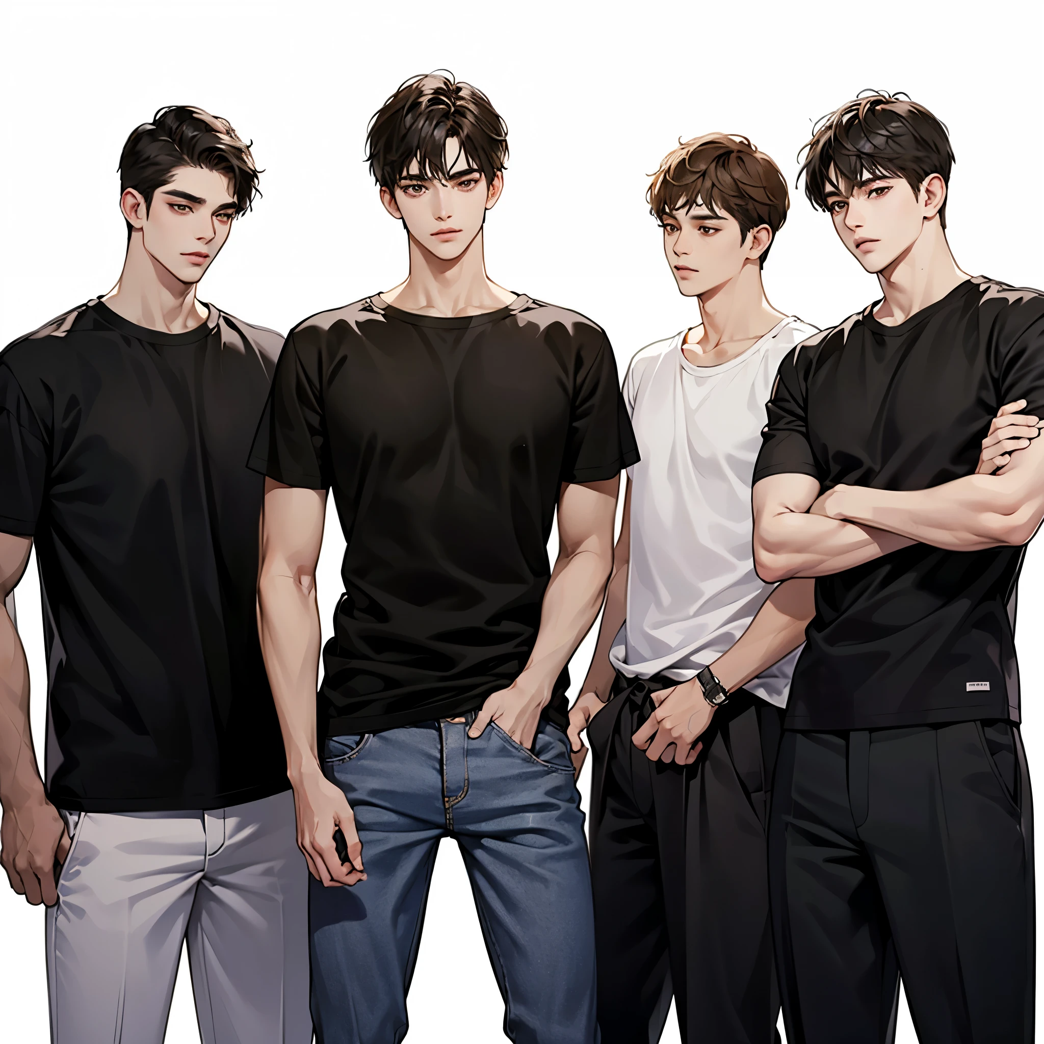 Four boys, black hair, brown eyes, simple background, high resolution, brown hair, stand in a line.., Wear a t-shirt, shut your mouth, handsome, cool,มองตรง