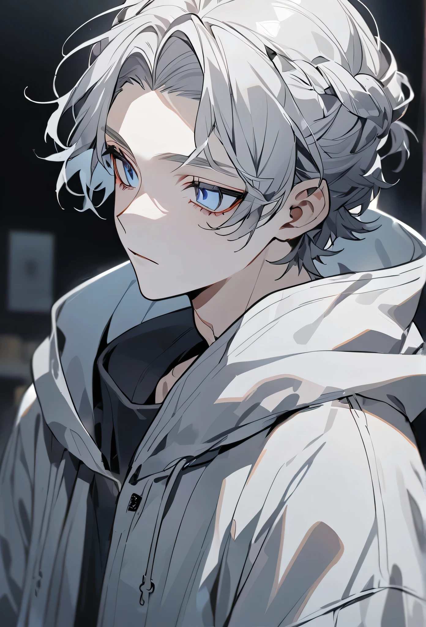 Man with shoulder-length white-gray hair in a mallow hairstyle, blue tired eyes, pale skin, wearing a grey hoodie