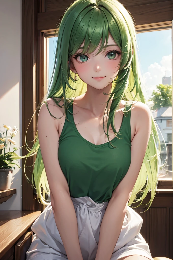 Best Quality,High resolution,8k,finelity detailed background,Masterpiece:1.2),beautiful girl,Shiny green hair,messy hair,Green Eyes,Gentle look,A refreshing look,smile,Best quality,Best Quality,Aesthetic and aesthetic:1.2,Best details((Super detailed))(High-definition CG illustrations),Tank top,White shorts,Slender body,Inside the room,smile,blush,cute,Scrounge,Looking up,Being spoiled,super model