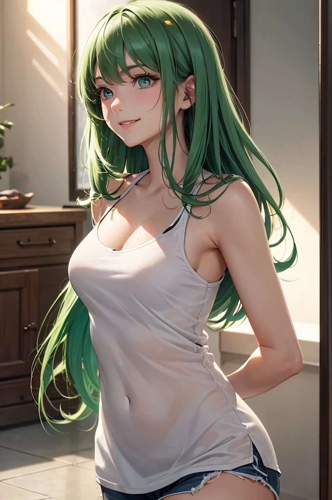 Best Quality,High resolution,8k,finelity detailed background,Masterpiece:1.2),beautiful girl,Shiny green hair,messy hair,Green Eyes,Gentle look,A refreshing look,smile,Best quality,Best Quality,Aesthetic and aesthetic:1.2,Best details((Super detailed))(High-definition CG illustrations),Tank top,White shorts,Slender body,Inside the room,smile,blush,cute,Scrounge,Looking up,Being spoiled,super model