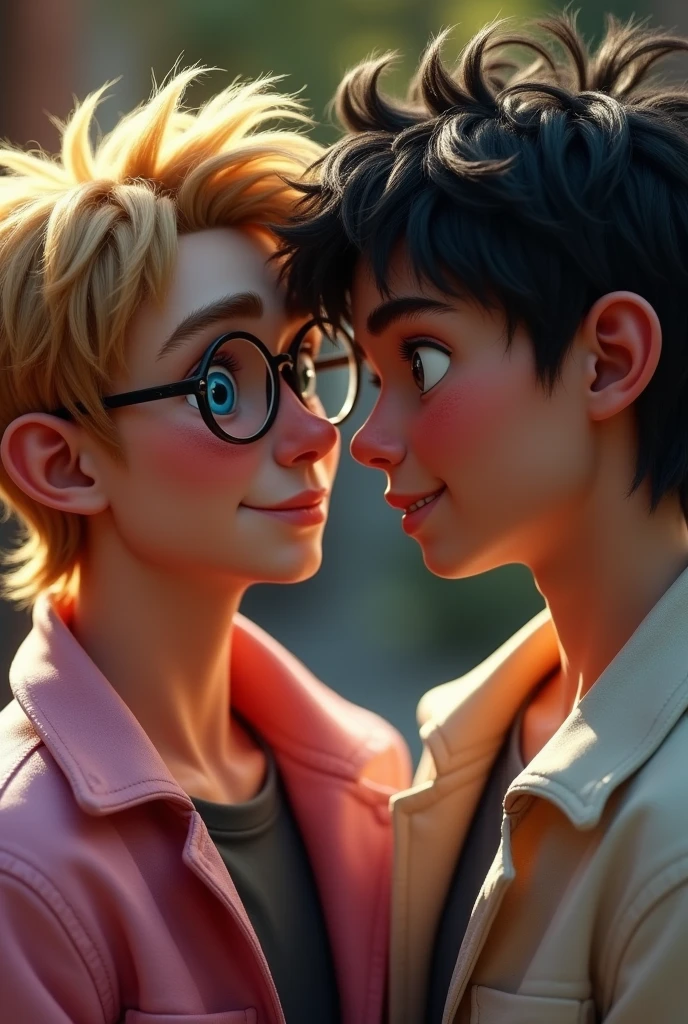 masterpiece, best quality, movie still, 2man, neutral face, (male focus:1.2), (cute:1.2), cute man wearing round glasses, wearing a pink jacket, blue eyes, big nose, dirty blond hair, messy hair, looks at the second man who has black hair and is blushing. both are looking at each other lovely.