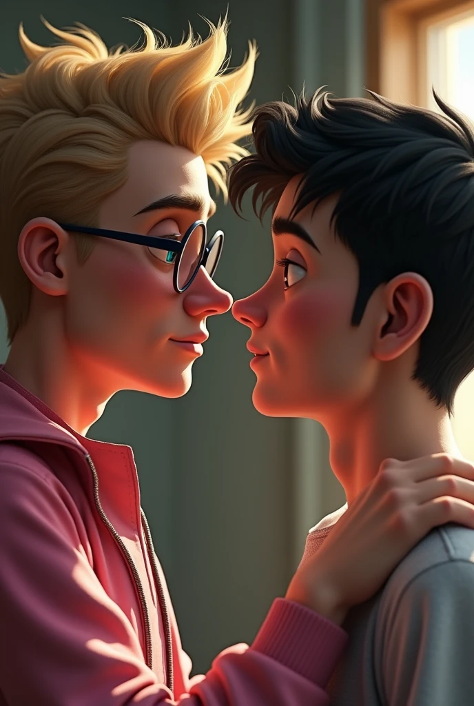 masterpiece, best quality, movie still, 2man, neutral face, (male focus:1.2), (cute:1.2), cute man wearing round glasses, wearing a pink jacket, blue eyes, big nose, dirty blond hair, messy hair, looks at the second man who has black hair and is blushing. both are looking at each other lovely.