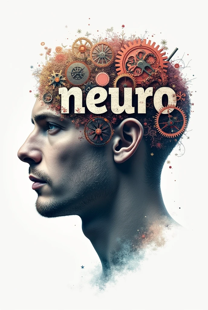 Poster of a man's face with typographic illustrations, gears and elements that symbolize neurology, Create brain shapes with 3d text "neuro" In Portuguese, side view of face shape, 