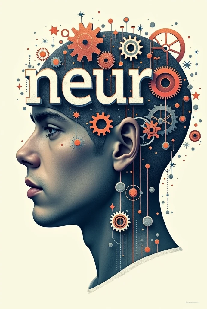 Poster of a man's face with typographic illustrations, gears and elements that symbolize neurology, Create brain shapes with 3d text "neuro" In Portuguese, side view of face shape,
