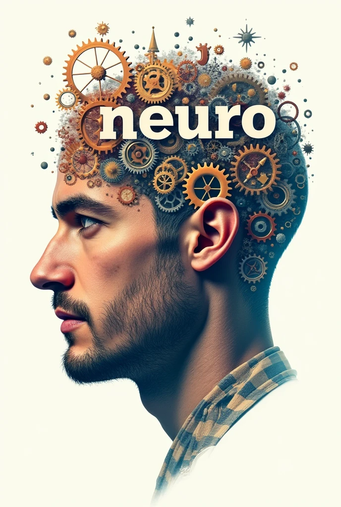 Poster of a man's face with typographic illustrations, gears and elements that symbolize neurology, Create brain shapes with 3d text "neuro" In Portuguese, side view of face shape, 