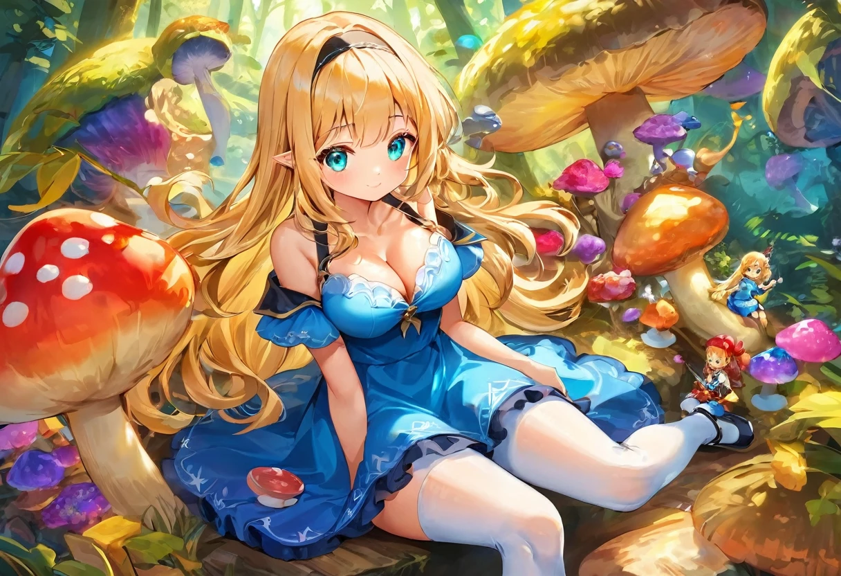 a beautiful 20 year old blonde woman with big messy hair in a short blue dress, white stockings, a thin black hairband, cleavage, holding a glowing mushroom, sitting on a giant glowing mushroom, side shot, side boob, fantasy art style, cartoon vibrant, cute detailed digital art, colorful digital fantasy art, digital fantasy art ), glossy digital painting, pastel vibrant