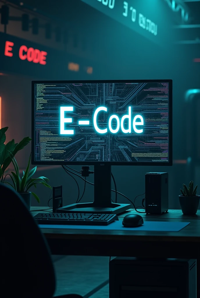 Create a image with text "E - Code" and picture of the hacker computer