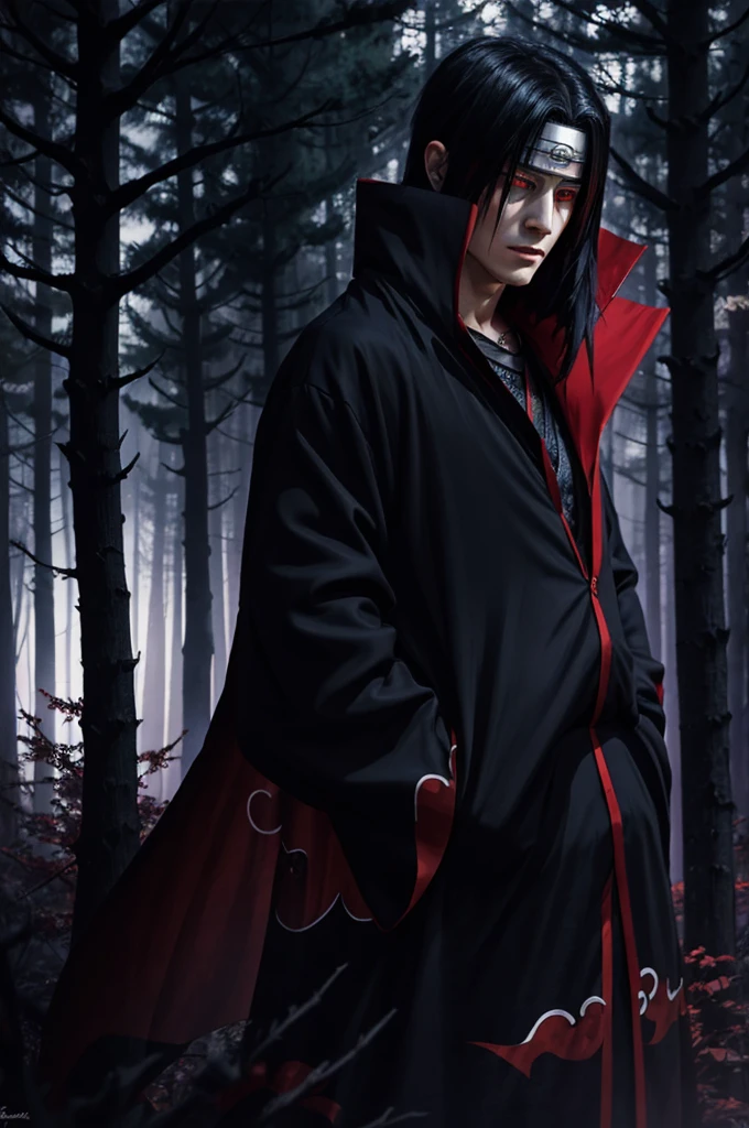 Itachi Uchiha in Akatsuki cloak standing in a dark forest, red Sharingan eyes glowing, looking determined, hd anime art.