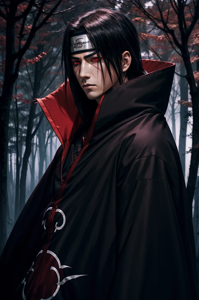 Itachi Uchiha in Akatsuki cloak standing in a dark forest, red Sharingan eyes glowing, looking determined, hd anime art.