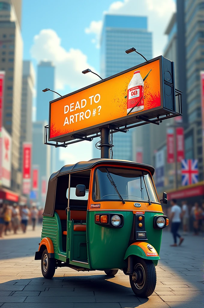 Auto rikshaw with a horizontal ad billboard on its back